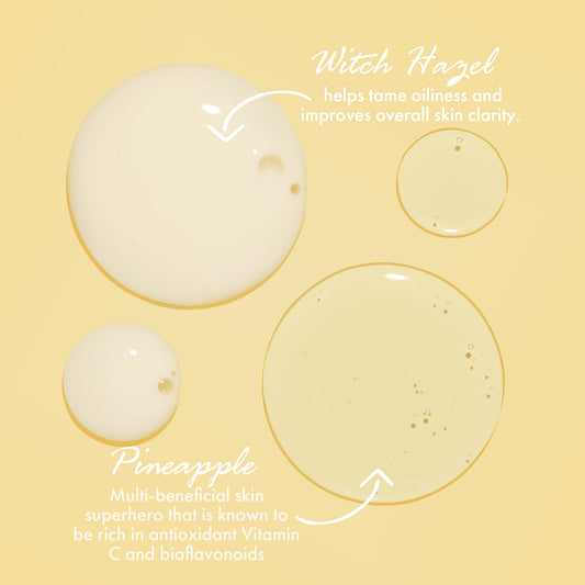 ColourPop Face Cleanser Pore Real Cleanser showcasing ingredient drops - creamy and translucent puddles on a pale yellow background - highlighting witch hazel to reduce oil and improve clarity and pineapple extract rich in vitamin C and bioflavonoids.