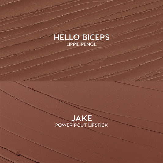 Swatches showcase Hello Biceps lippie pencil and Jake ColourPop Power Pout Lipstick from the Bella! Where the Hell Have You Been, Loca? kit, with textured mocha and smooth cinnamon-brown strokes on a matte surface highlighting creamy payoff.