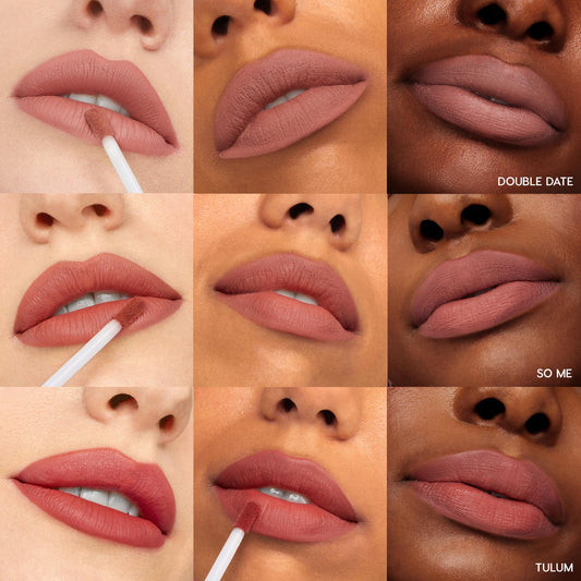 Lips showcase Warmed Up ColourPop Ultra Matte Lip bundle, swiped with a doe-foot applicator and shown in a 3x3 grid across light, medium, and deep complexions; shades labeled Double Date, So Me, and Tulum in soft warm nude-rose mattes.