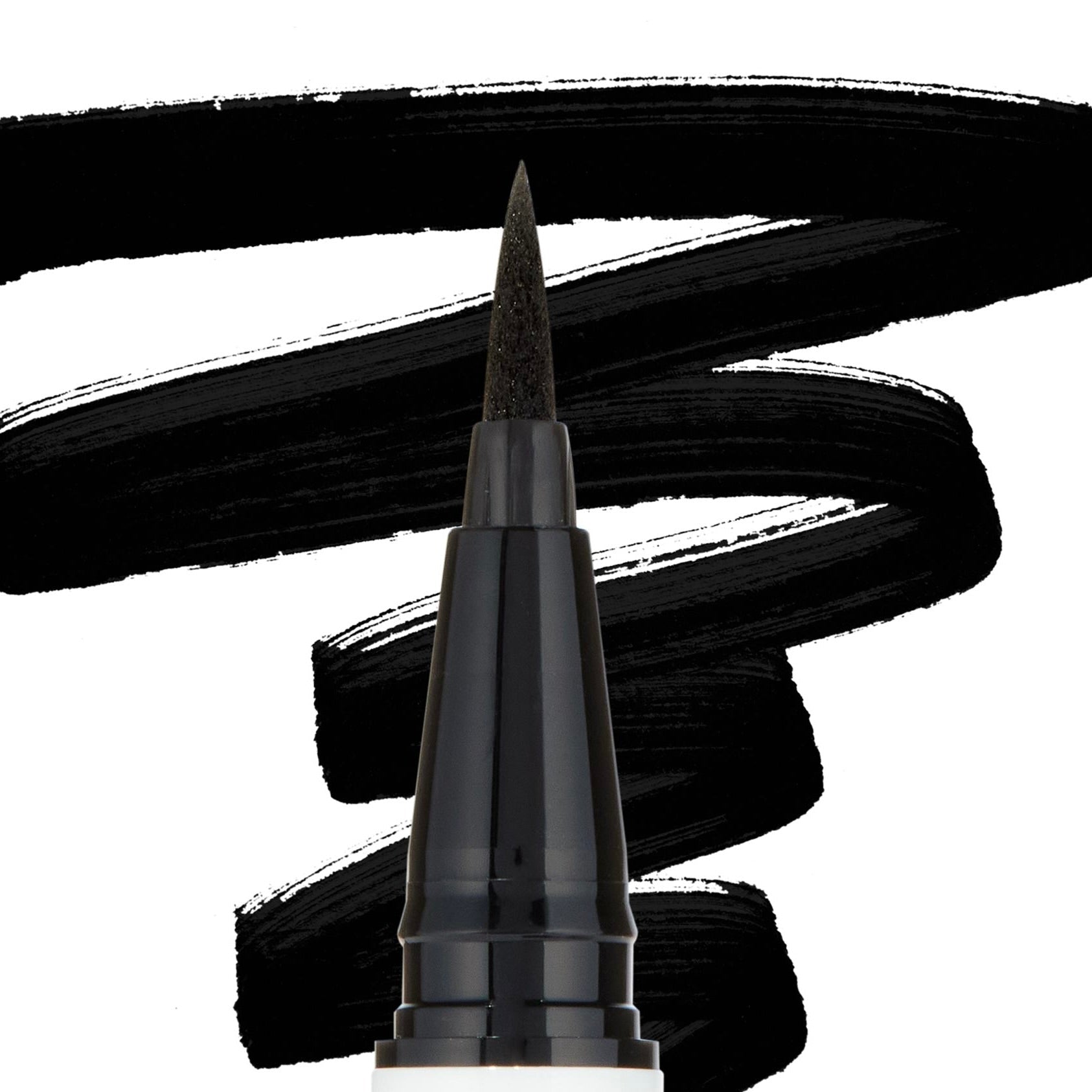 ColourPop BFF Liquid Liner Numero Uno drawing bold, jet‑black swatches, felt‑tip pen delivering precise, smudge‑resistant lines against a white backdrop, ideal for sharp wings and everyday definition.