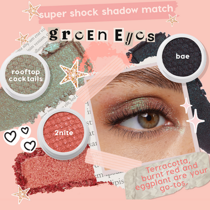 Rooftop Cocktails ColourPop Super Shock Shadow shimmers in iridescent mint green, shown swatched and on a close-up eyelid; collage includes companion shades 2nite (terracotta) and bae (eggplant) for green eyes.