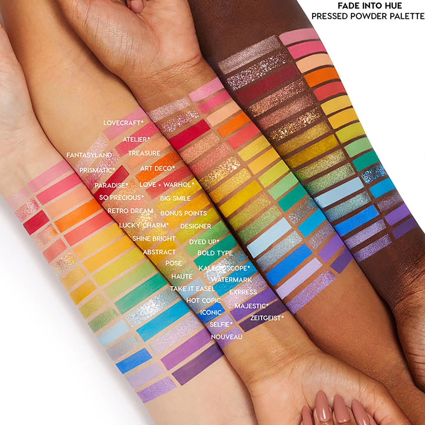 Sweet Fantasy ColourPop Shadow Palette & Brush Set swatches run in neat rows across four arms, showing vibrant rainbow mattes, shimmers, and glitters from pink to purple, demonstrating bold payoff on light to deep skin tones.