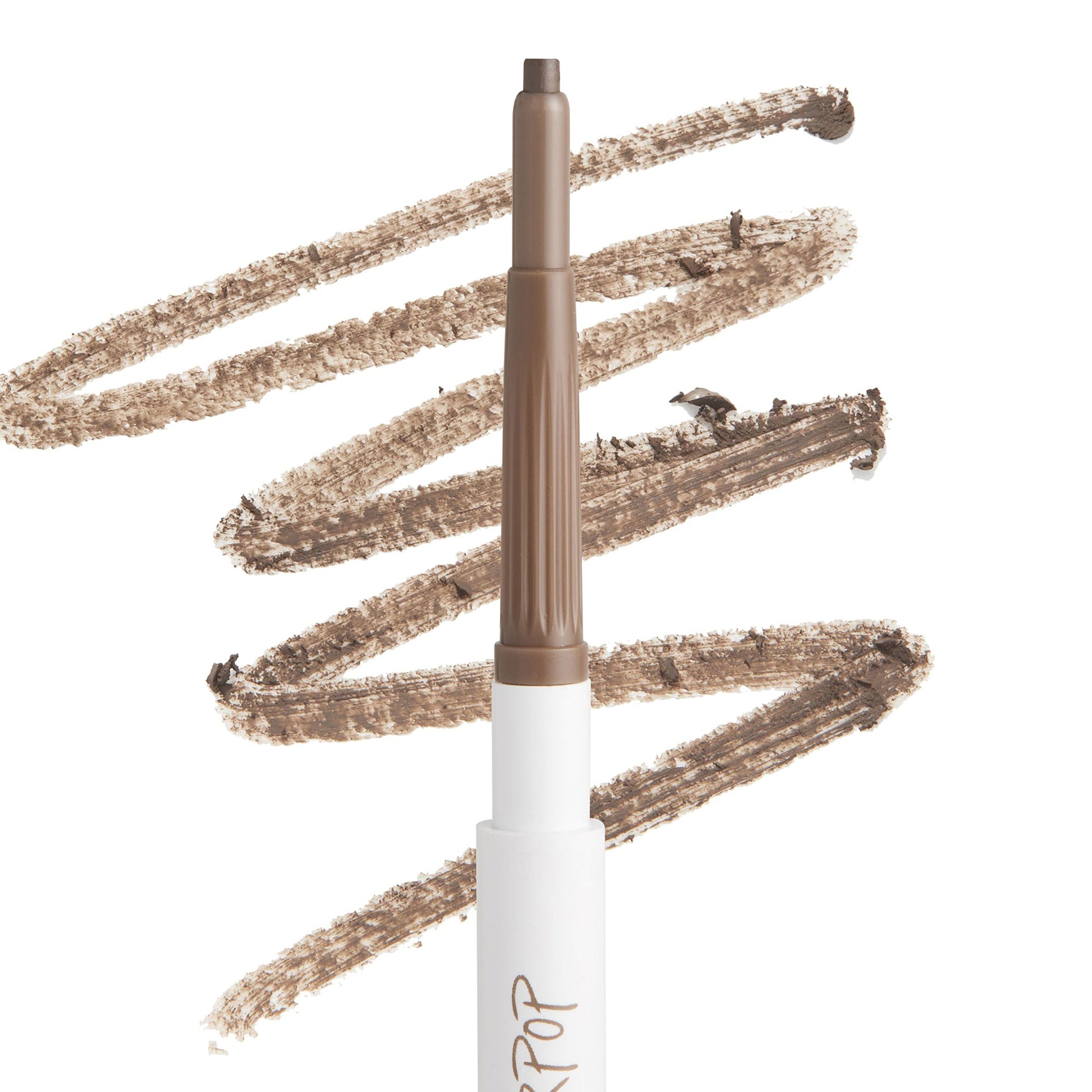 ColourPop Dope Taupe Pencil brow pencil depositing soft taupe pigment with a twist-up tip, shown with zigzag swatches on a white background for precise, natural eyebrow definition.
