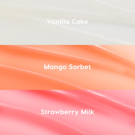 Three glossy pastel swatches showcase the ColourPop Glossy Lip Balm Trio, Pretty in Pastels - Vanilla Cake (sheer milky white), Mango Sorbet (soft peach), and Strawberry Milk (rosy pink) - arranged in horizontal bands on a clean backdrop.