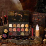 Twilight New Moon x ColourPop Full Collection set displayed on rustic stone, featuring a New Moon eyeshadow palette with warm shimmer shades, lip crayons, gel liners, loose pigments, lip gloss, and SOL body product in a moody forest moonlit backdrop, perfect for Twilight ColourPop makeup fans.