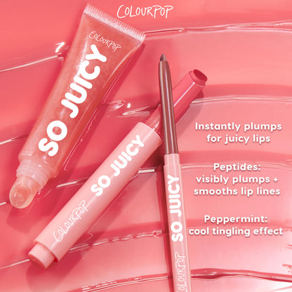 ColourPop So Juicy Plumping Lip Liner with Peptides in Westwood, cap off to show a rosy-brown tip, pairs with So Juicy gloss on a glossy pink backdrop; callouts highlight peptides for smoothing, instant plumping, and a peppermint tingle.