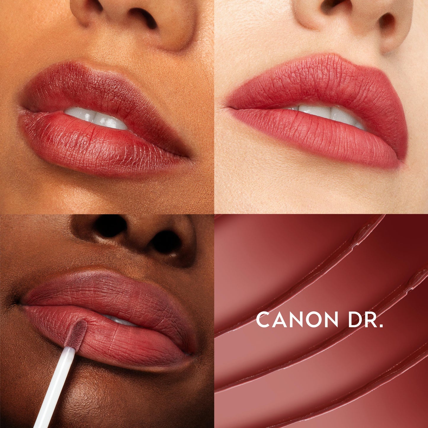 ColourPop Ultra Blotted Lip in Canon Dr coats lips with a soft-focus rosy red tint, shown across varied complexions with a side swatch and shade name, highlighting the lightweight blotted finish.