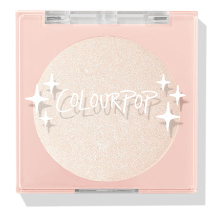 Cold One highlighter compact showcasing a shimmering icy pearl pan behind a clear lid with white sparkle icons and ColourPop logo, closed in a blush‑pink square case on a white background; ColourPop Pressed Powder Highlighter.