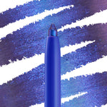 ColourPop Chrome Crème Gel Liner in Ventura Blvd shows its creamy twist-up tip, flashing multichrome blue‑violet‑teal shimmer, set against bold cobalt swatches on white to showcase smooth glide, rich payoff, and metallic finish.