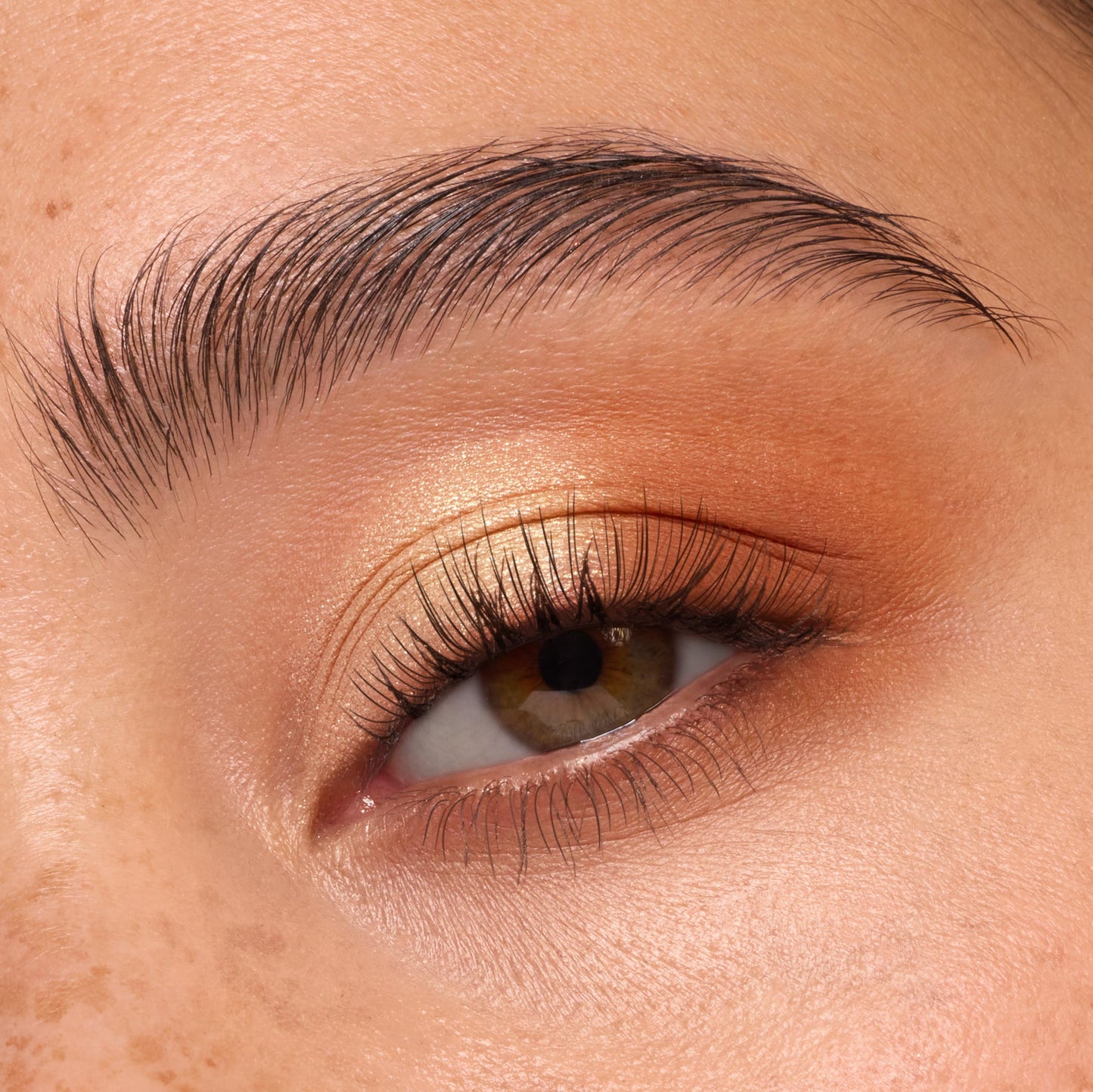 Golden shimmer eyeshadow glowing on an eyelid blends into warm matte copper across the crease, showcased in a macro close-up to highlight the color payoff of the Rainbow Rush Shadow Palette Set by ColourPop.