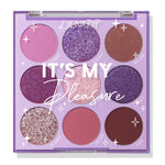 ColourPop Shadow Palette in It's My Pleasure displaying a 3x3 grid of purple-toned eyeshadows - matte, metallic, and pressed glitter - inside a lavender compact with a clear lid; shades range from lilac and pink shimmer to deep plum and berry.
