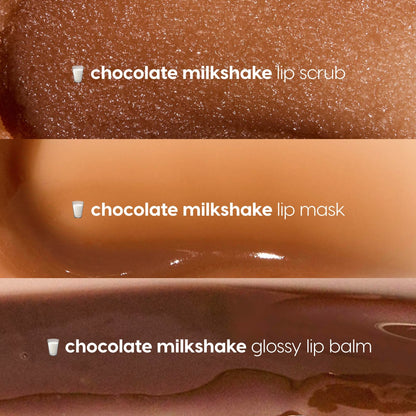 Triple Chocolate Lip Care Kit displaying three Chocolate Milkshake swatches - gritty lip scrub, creamy lip mask, and glossy lip balm - stacked close-ups of chocolate-brown textures with shine, a ColourPop Lip Care Kit for soft, hydrated lips.