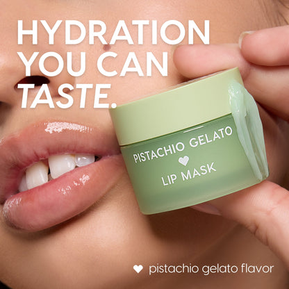 ColourPop Lip Mask in Pistachio Gelato, a pale green jar with creamy pistachio formula dripping from the rim, held beside glossy, hydrated lips in a close-up beauty shot, emphasizing the pistachio gelato flavor and moisturizing finish.