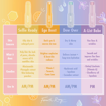 Ego Boost Serum Stick targeting dark spots and uneven tone with Vitamin C, turmeric, and camu camu, shown upright in orange packaging beside Selfie Ready, Dew Over, and A‑List Babe; AM/PM use; ColourPop Serum Stick by Fourth Ray Beauty.