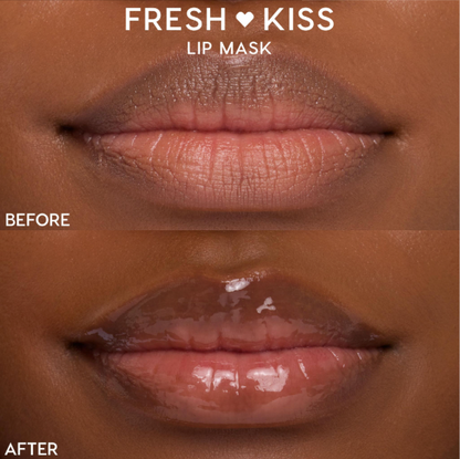 Close-up lips show before-and-after results of the Orange Vanilla ColourPop Lip Mask, turning dry, lined lips (top) into smooth, plump, hydrated, glossy lips (bottom) in a split-screen Fresh Kiss comparison.