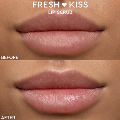 Lips displaying before-and-after results using ColourPop Fresh Kiss Lip Scrub, with the top 'Before' shot showing dry, matte texture and the bottom 'After' shot showing smoother, pinker, glossy lips in a studio close-up.