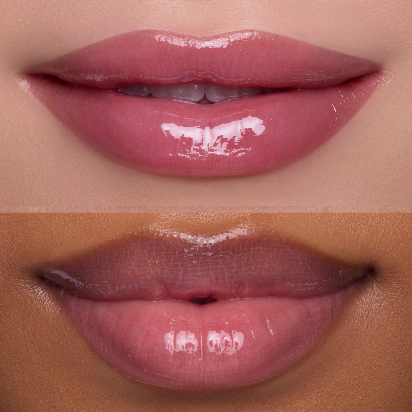 Two close-up shots of glossy, pink lips wearing the Heart to Get Text Me, JK blush + UGL set, showing how the sheer, high-shine lip color flatters different skin tones in a beauty product grid for US makeup shoppers.