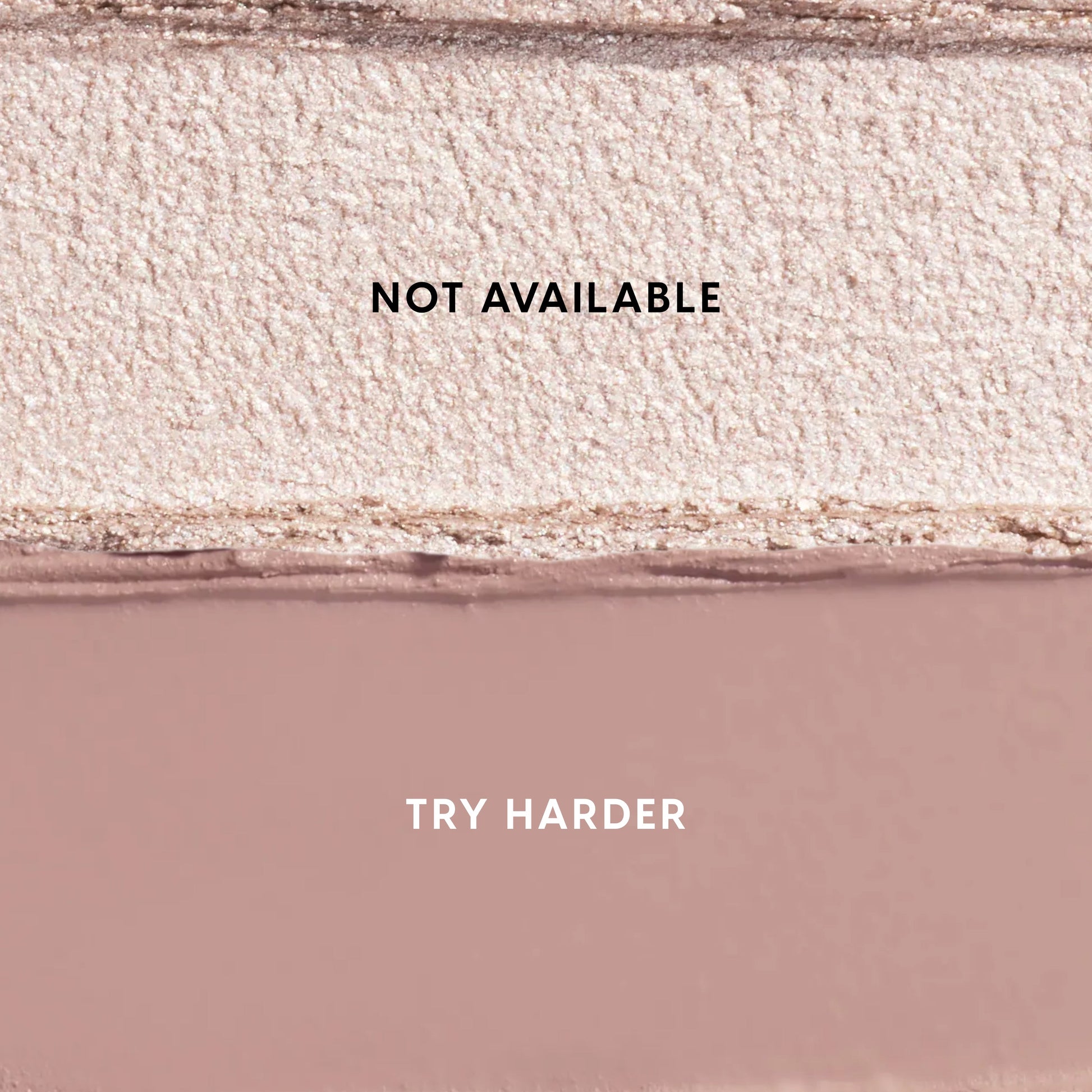 Two Heart to Get For Your Eyes Only Shadow Stix swatches laid side by side, showing a shimmery champagne shade labeled NOT AVAILABLE above a matte mauve shade labeled TRY HARDER on a clean studio background.