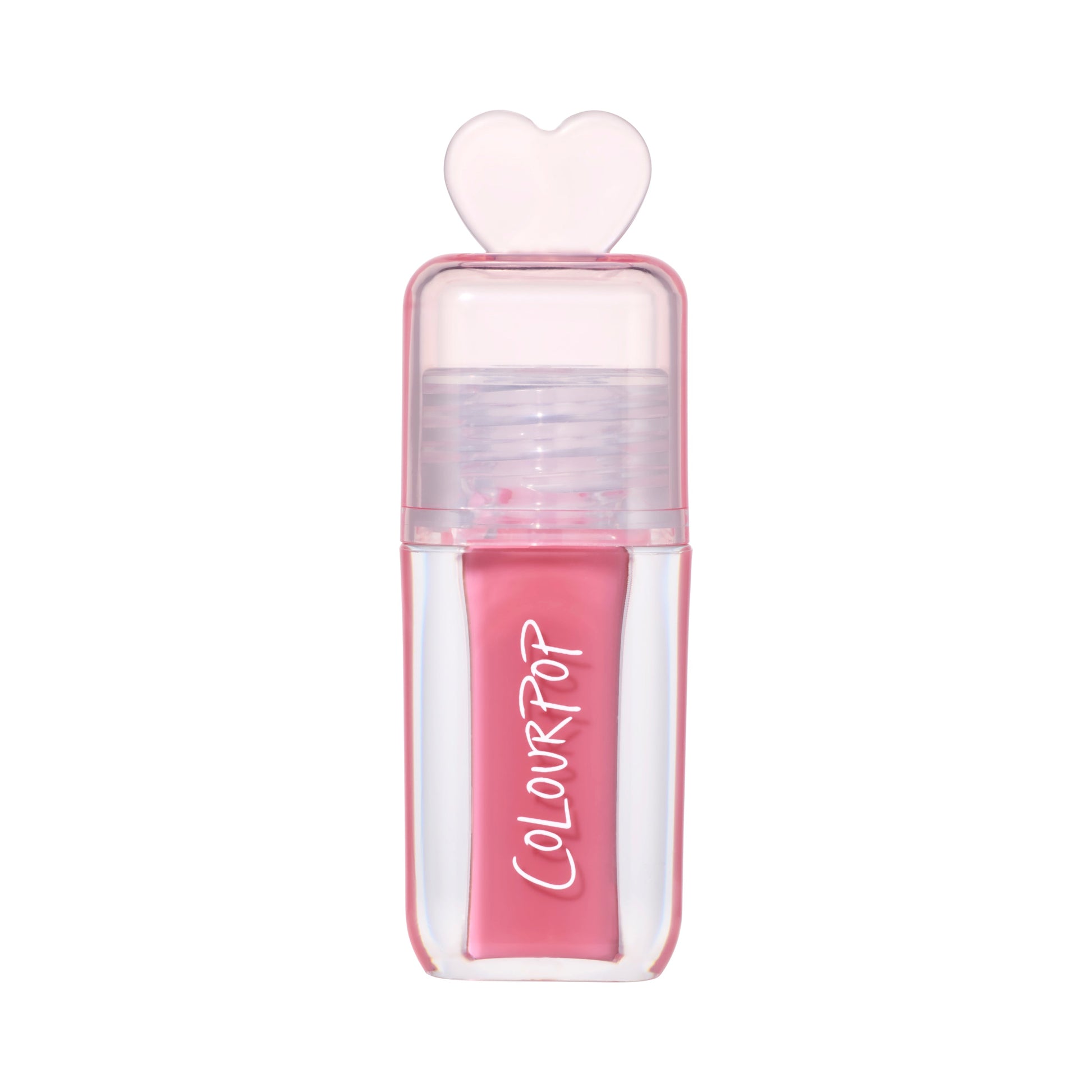 ColourPop Still That Girl ultra glossy lip in pink, standing upright with a clear rectangular tube, heart-shaped cap, and Heart to Get inspired packaging on a clean white background for a modern makeup product shot.