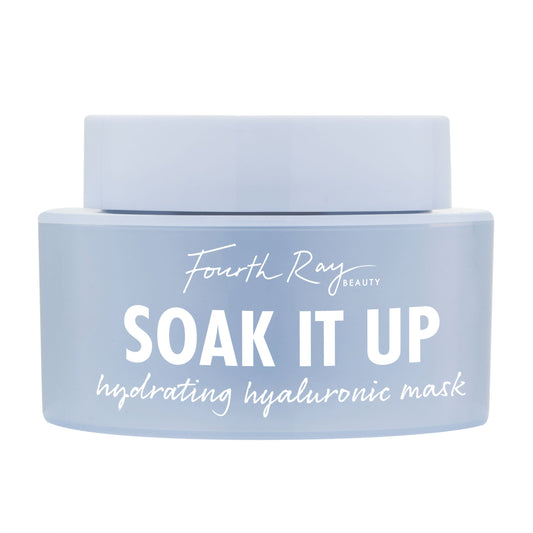 Periwinkle-blue jar showcases Fourth Ray Beauty Soak It Up Hydrating Hyaluronic Mask, a ColourPop Face Mask, with bold white lettering on a matte container centered against a clean white background.