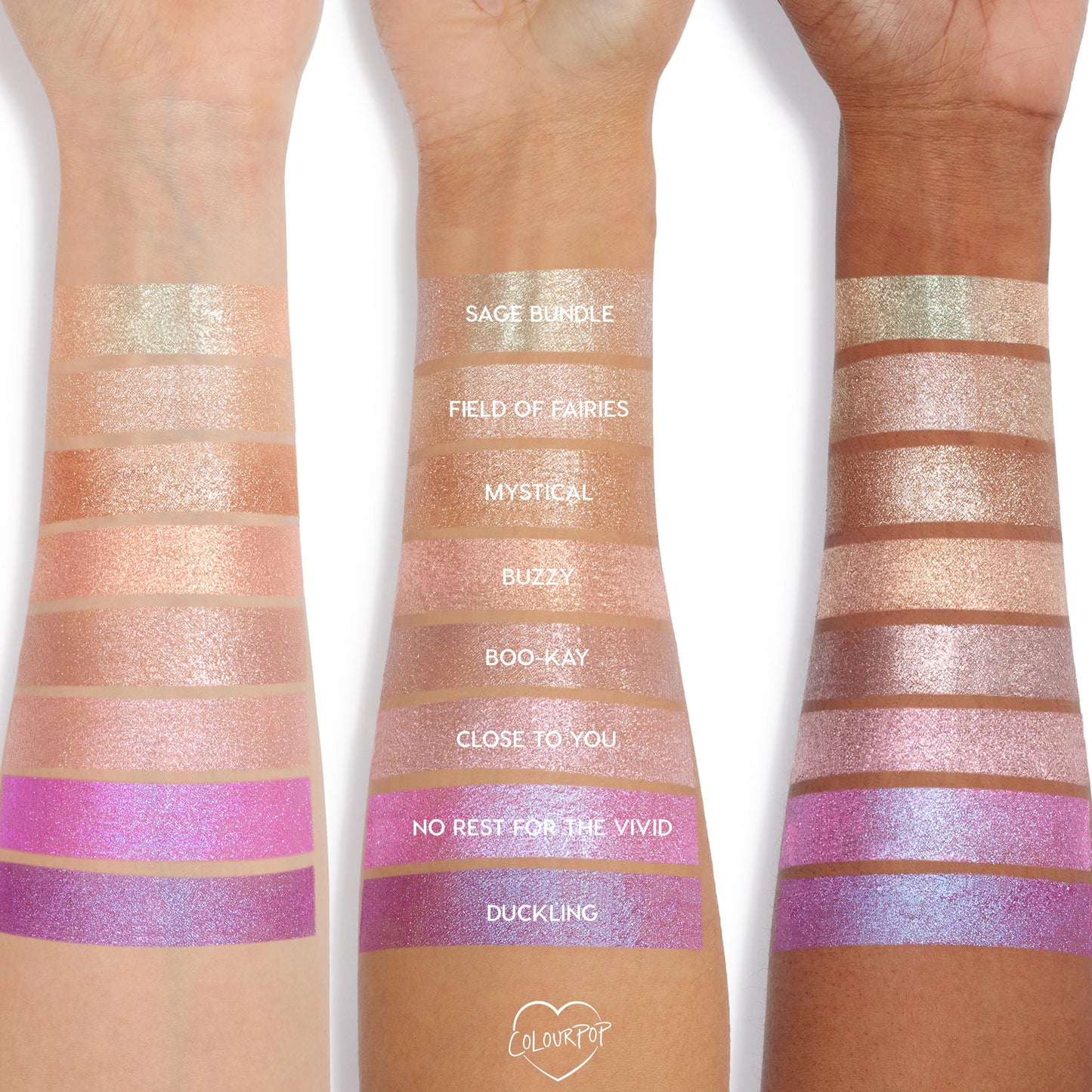 Three forearms with different skin tones display swatches of Colourpop Hallucinogenius Jelly Much Shadow eyeshadow shades, from champagne neutrals to vivid iridescent pinks and purples, showing shimmer payoff and color range.