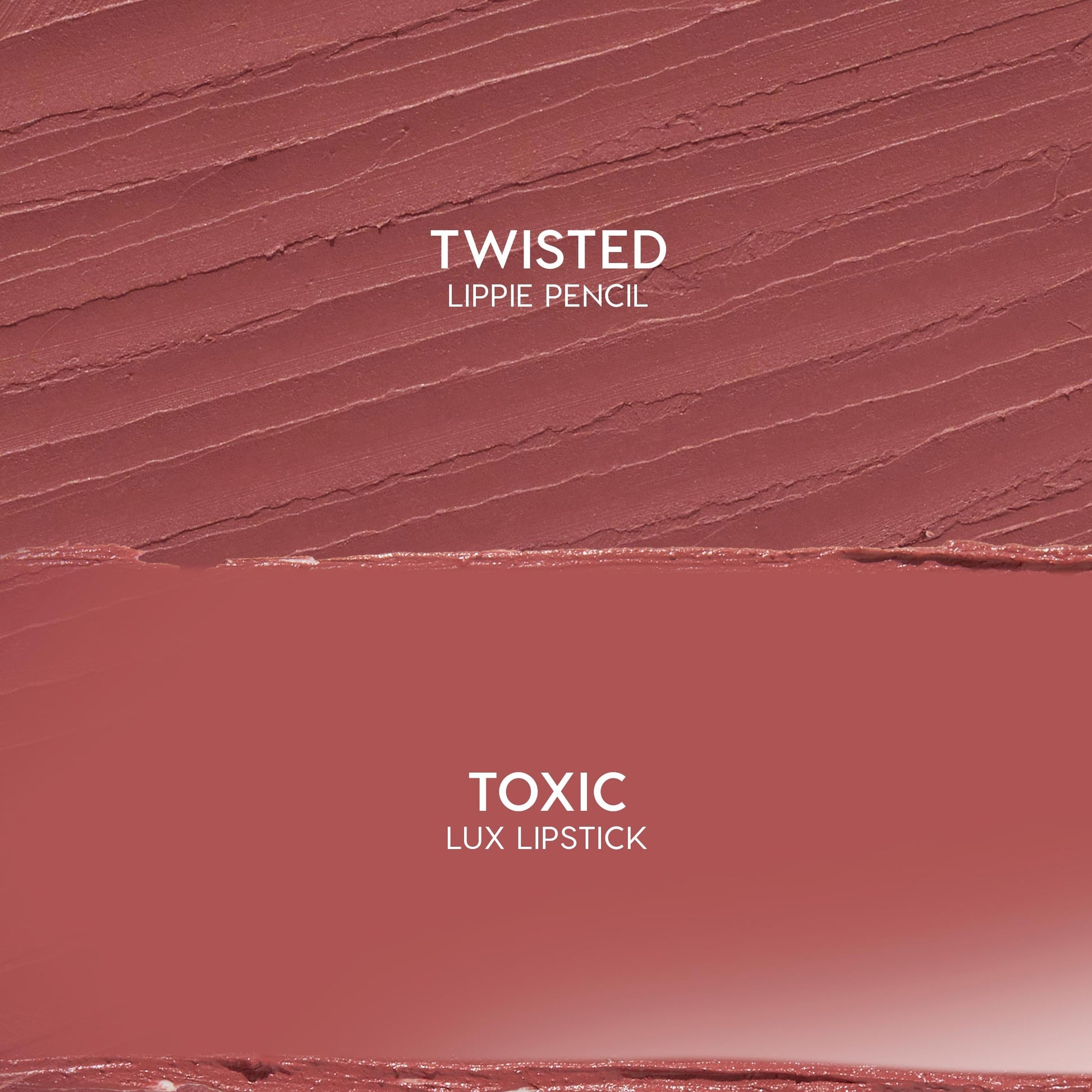 Anti-Hero kit swatch shows Twisted Lippie Pencil above Toxic ColourPop Lux Lipstick, both in rosy mauve; pencil features textured strokes while the lipstick is a smooth satin block - flat lay close-up previewing shade and finish.