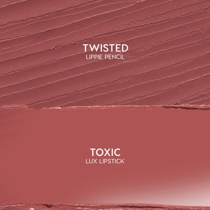 Anti-Hero kit swatch shows Twisted Lippie Pencil above Toxic ColourPop Lux Lipstick, both in rosy mauve; pencil features textured strokes while the lipstick is a smooth satin block - flat lay close-up previewing shade and finish.