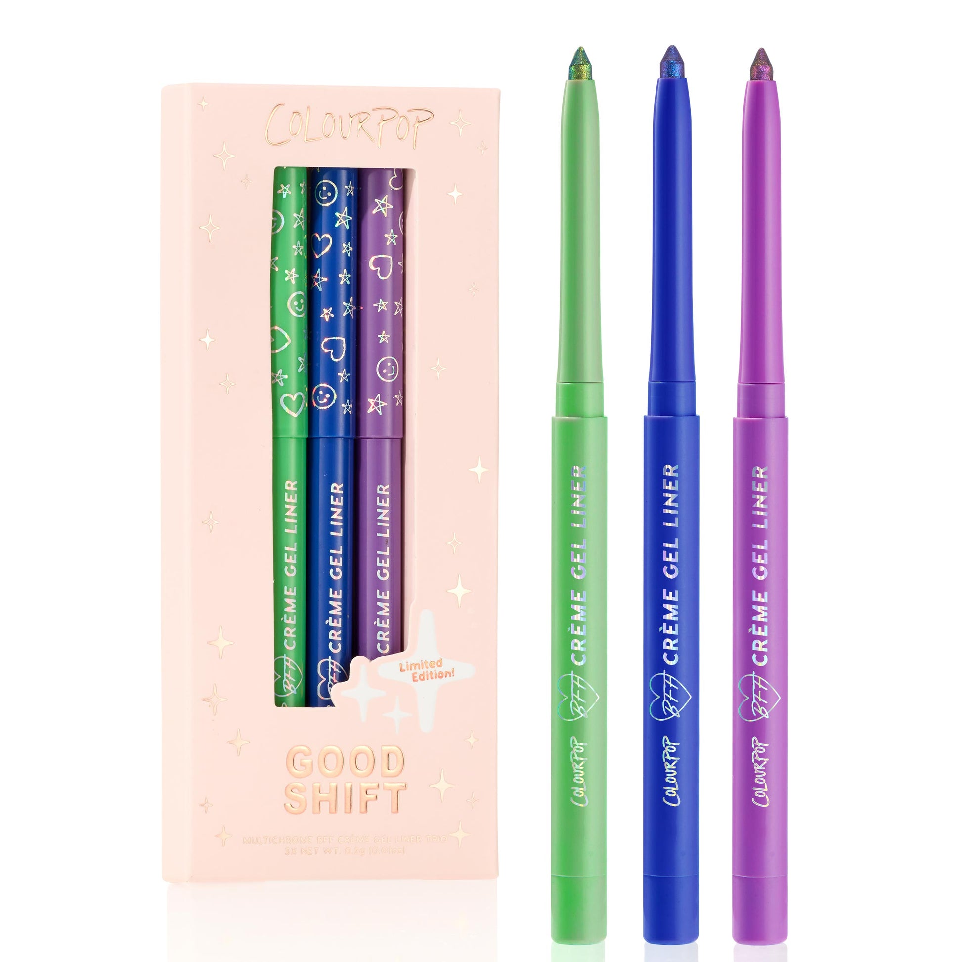 Good Shift ColourPop Crème Gel Liner set featuring three retractable gel eyeliners - vivid green, cobalt blue, and violet with shimmer tips - posed beside a blush pink, star-detailed box with cutout window and Limited Edition callout.