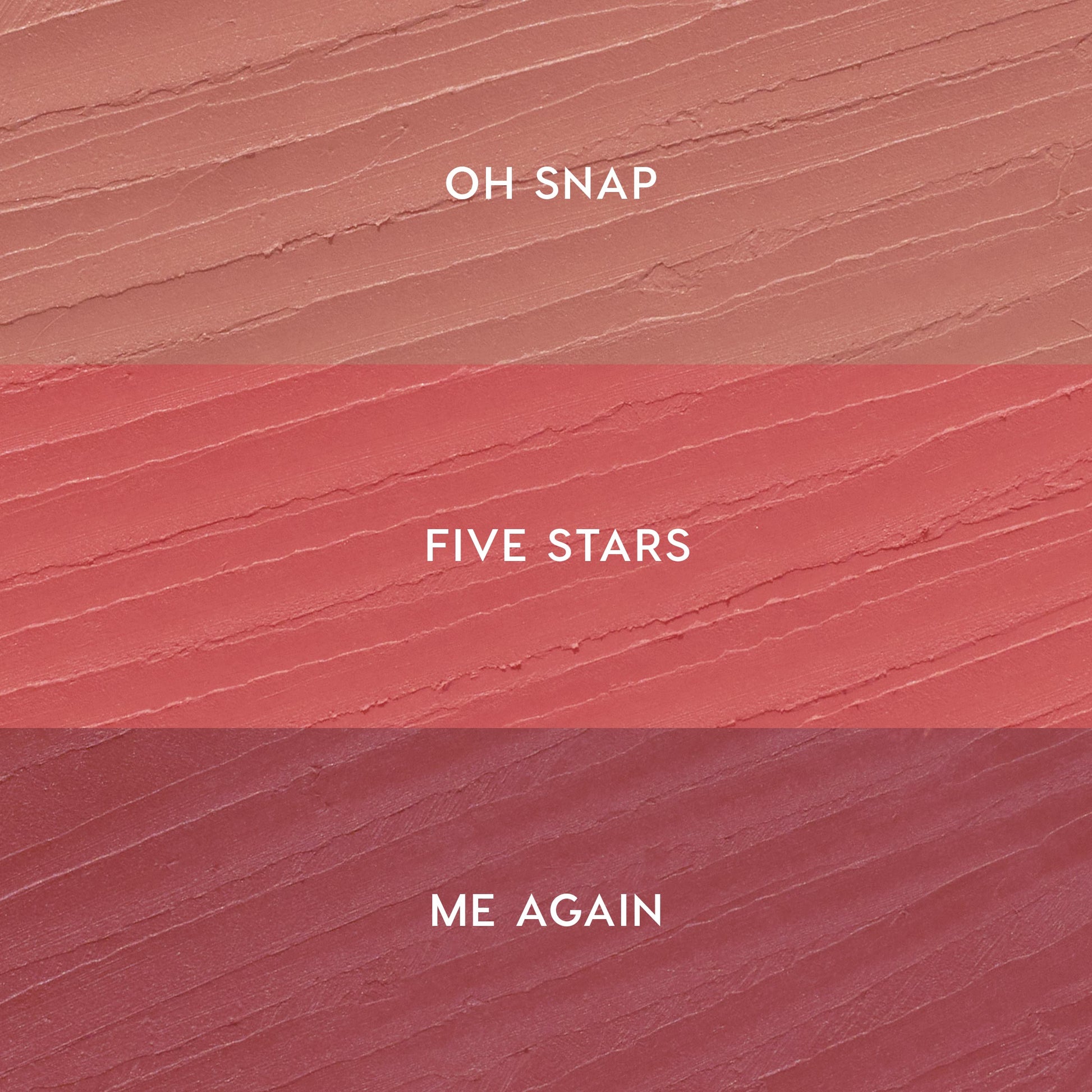 ColourPop Lippie Pencil Pinky Promise kit swatches display three shades in horizontal stripes: Oh Snap (soft nude pink) on top, Five Stars (warm rosy pink) in the middle, and Me Again (mauve berry) on bottom, shown on a textured smear.