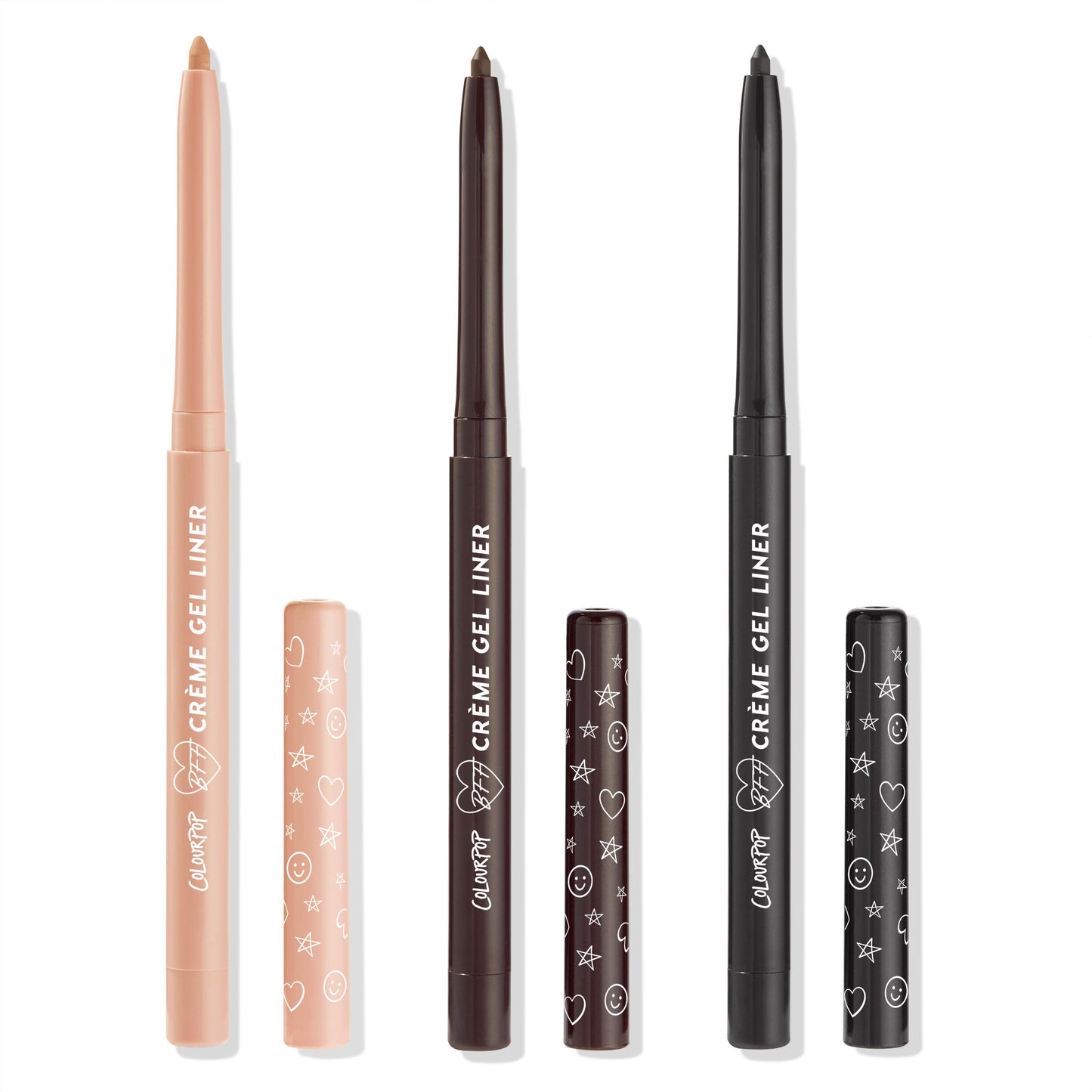 New BFF ColourPop Crème Gel Liner trio standing uncapped, twist-up pencils in nude, deep brown, and charcoal-black shades with doodle-printed caps, shown on a white background for a clear view of the tips and packaging.