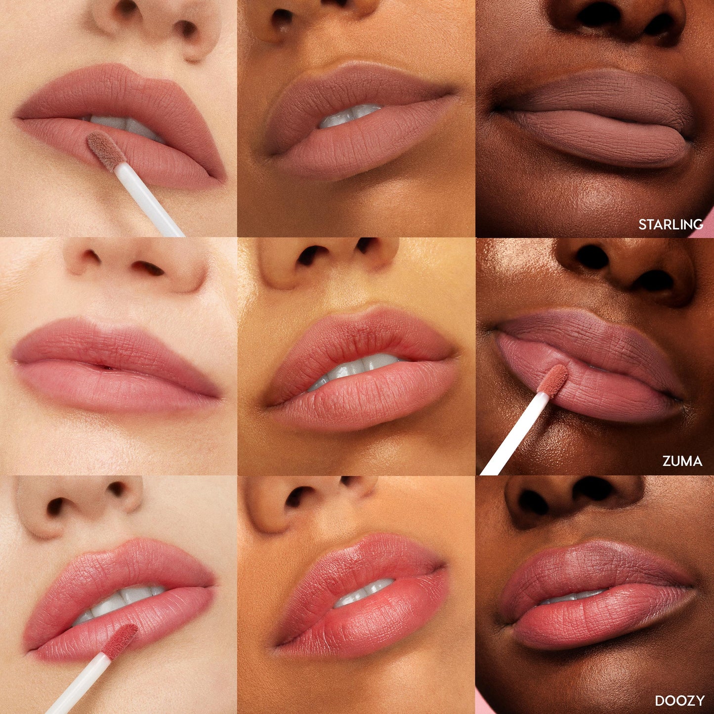 OG Babes Ultra Blotted Lip swatches blur onto lips in a 3x3 grid, with doe-foot applicators applying color; shades Starling, Zuma, and Doozy show a soft matte, diffused nude-pink finish across multiple skin tones - ColourPop Ultra Blotted Lip.