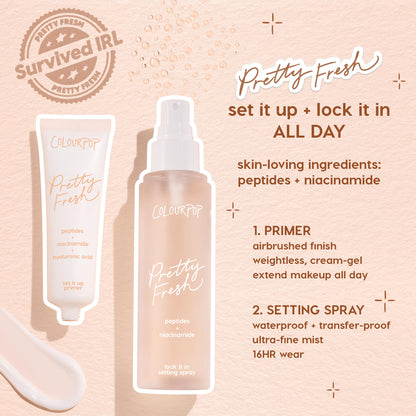Set It Up Pretty Fresh Primer stands upright on a soft-peach background beside a matching lock it in setting spray; ColourPop Pretty Fresh Primer packaging spotlights peptides and niacinamide for a weightless, airbrushed base.