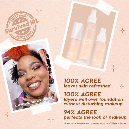 ColourPop Hydrating Prime + Set face set - three Pretty Fresh bottles with mist sprayers - standing on a peach backdrop, shown beside a smiling model; callouts highlight that it refreshes skin, layers over foundation, and perfects makeup.