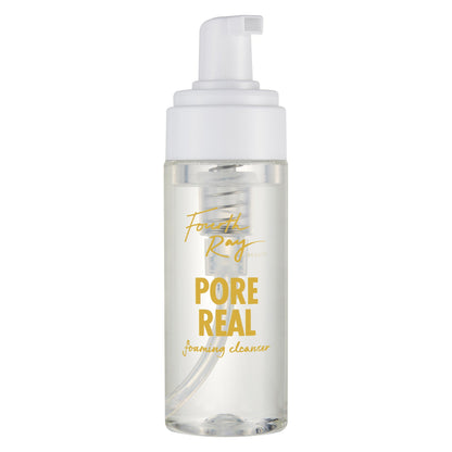 Fourth Ray Beauty Pore Real Cleanser standing upright with a white foaming pump, clear bottle, and gold lettering, a ColourPop Face Cleanser for gentle facial cleansing, shown against a clean white studio background.