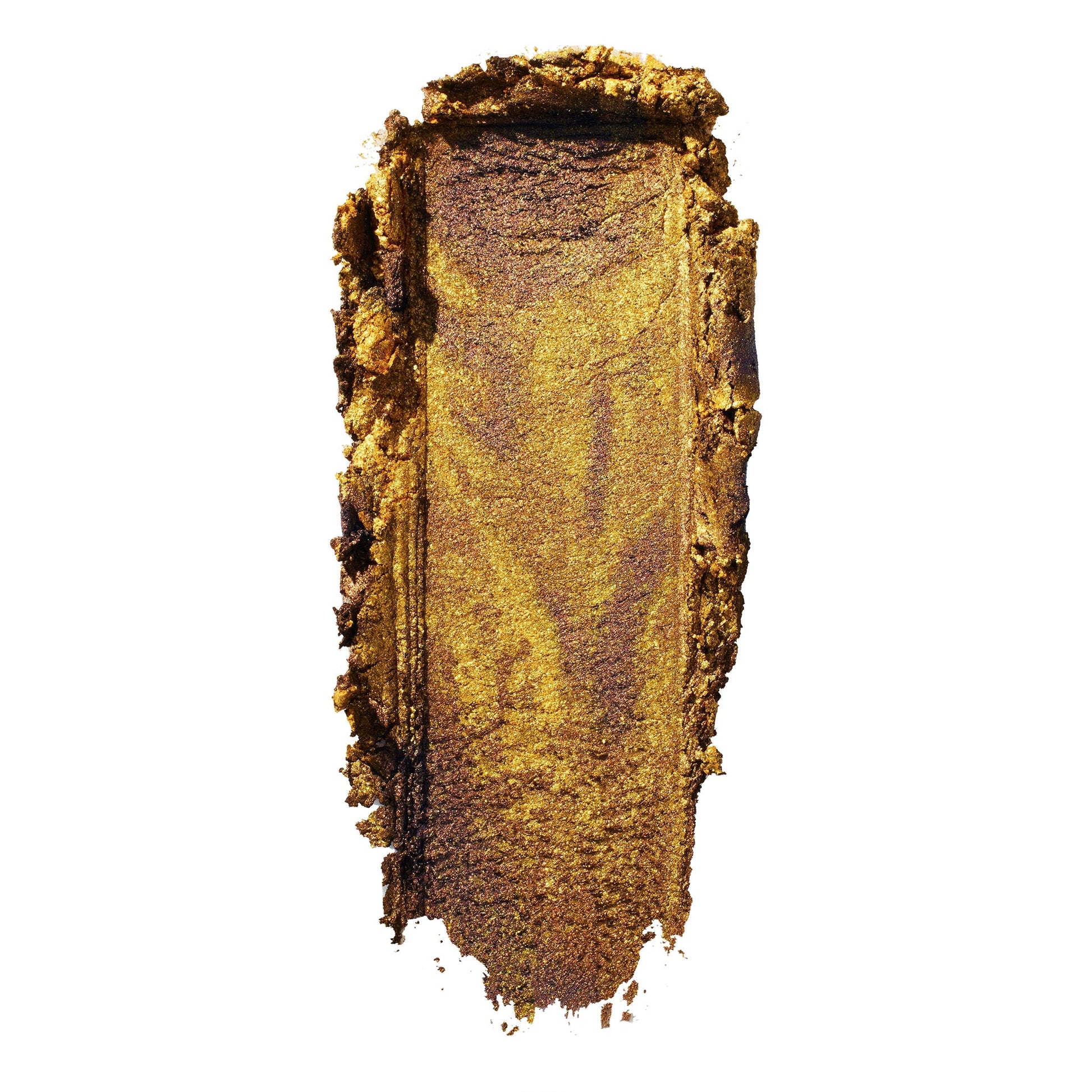 Metallic gold eyeshadow swatch with an olive-bronze shift, smeared in a thick swipe on a white background; ColourPop Super Shock Shadow We Won't Bite shows creamy, high-shine shimmer and sparkly payoff.
