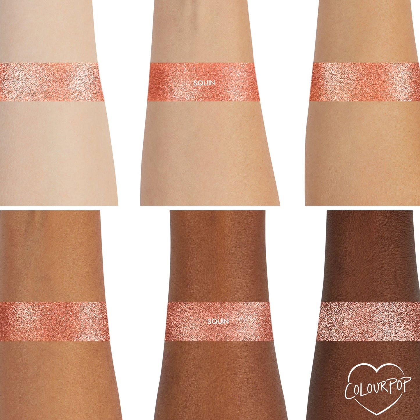 Sequin Super Shock Shadow swatch gleams across six forearms, showing smooth, opaque payoff on light to deep skin tones; a metallic rose‑gold copper shimmer band on each arm, with the ColourPop heart logo in the bottom right.