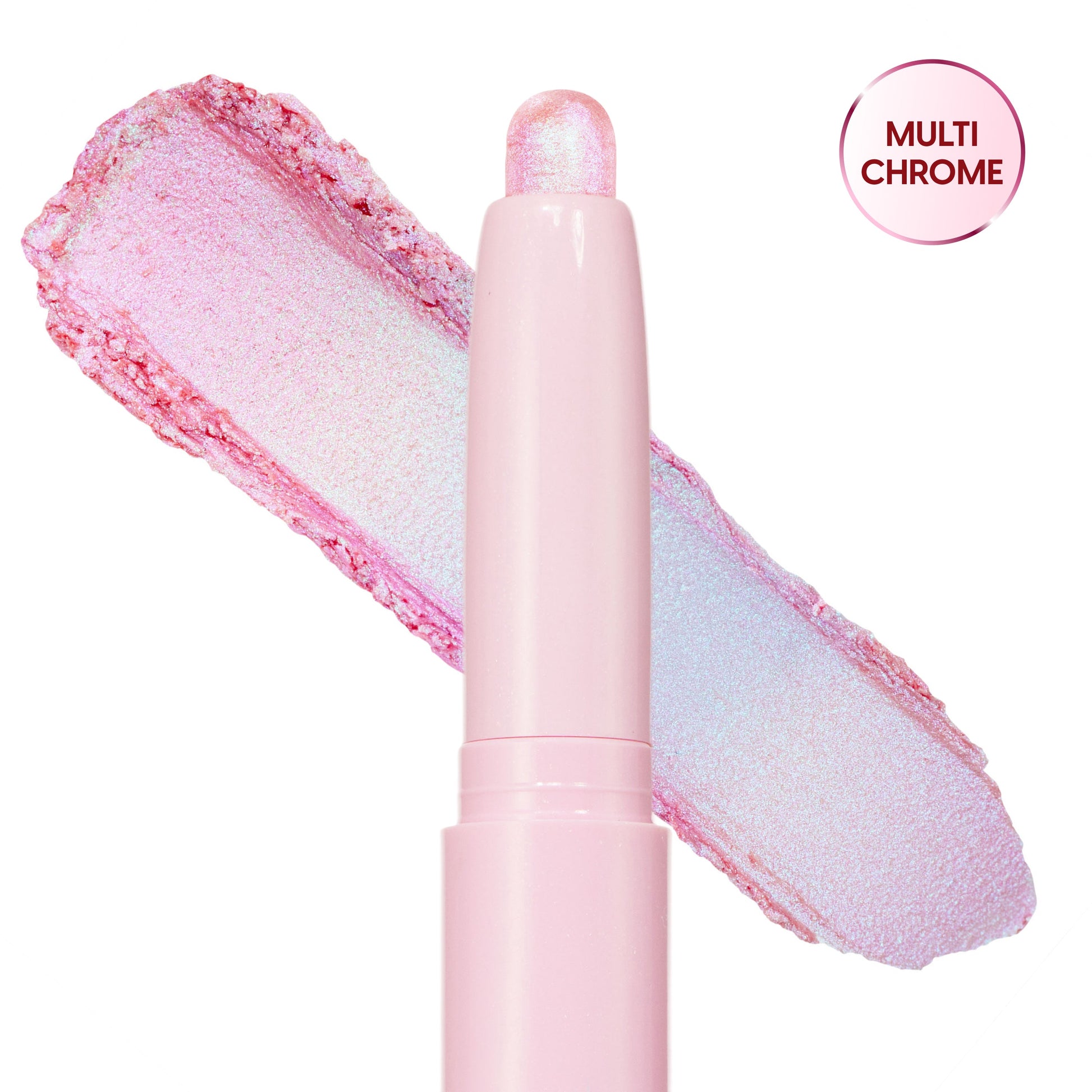 Colourpop Disco Disco Shadow Stix shown uncapped with its shimmery iridescent pink and icy blue eyeshadow swatch smeared diagonally behind the pale pink twist-up stick on a white background.