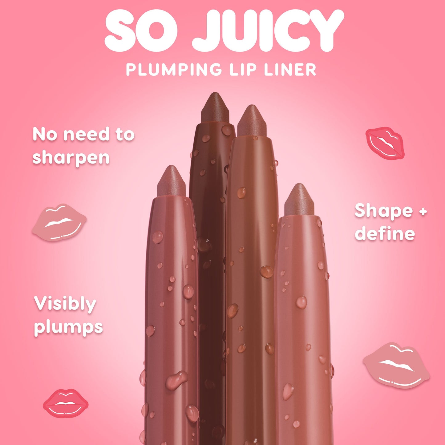 ColourPop So Juicy Plumping Lip Liner with Peptides in Mocha Latte stands tip-up with dewy droplets, showcasing a warm mocha-brown, no-sharpen liner that visibly plumps to shape and define lips against a pink gradient backdrop with lip icons.
