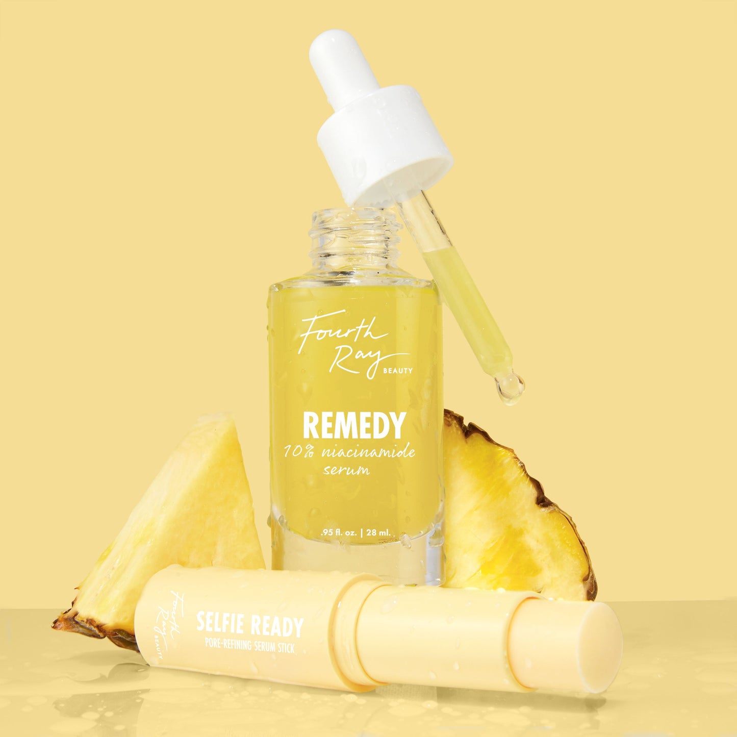 So Refined ColourPop Face Set featuring Fourth Ray Beauty Remedy 10% niacinamide serum with a dropper releasing a yellow drop next to the Selfie Ready pore-refining serum stick, styled with pineapple slices on a glossy yellow background.