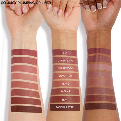 Group Chat So Juicy Plumping Lip Liner with Peptides swatched on three arms, showing its rosy mauve payoff alongside other ColourPop shades (ETA, Westwood, Love That, Tease, Jaguar, Slay, Mocha Latte) across light, medium, and deep skin tones.