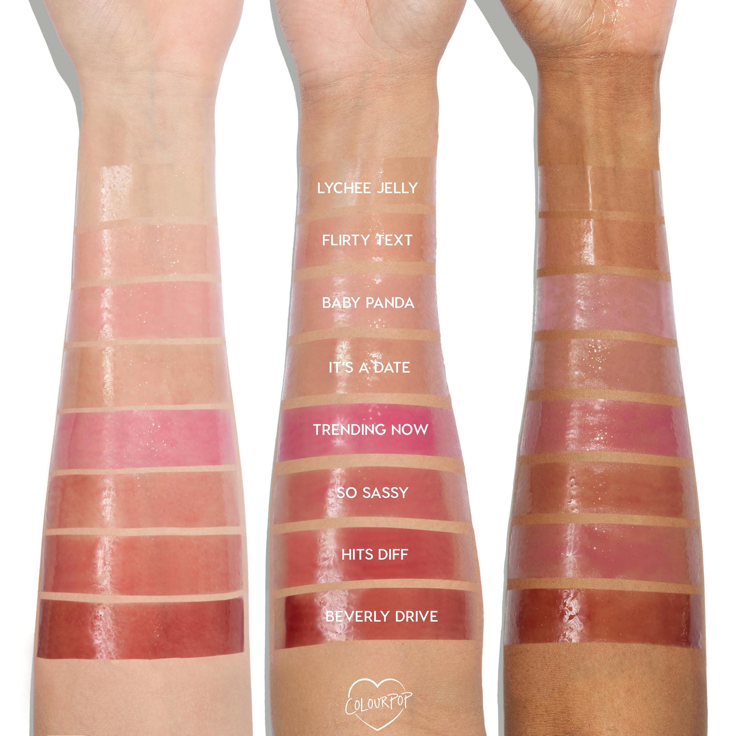 ColourPop It’s Giving Juicy So Juicy Lip Oil Set swatched on three arms (light, medium, deep), displaying high-shine sheer shades labeled: Lychee Jelly, Flirty Text, Baby Panda, It’s a Date, Trending Now, So Sassy, Hits Diff, Beverly Drive.