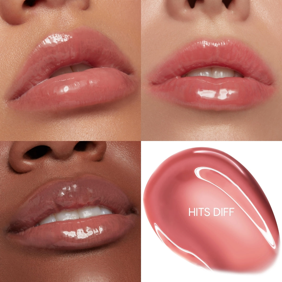 ColourPop So Juicy Plumping Glossy Lip Oil in Hits Diff coating lips with a high-shine rosy pink tint, shown in three close-up lip swatches on varied complexions alongside a glossy product smear labeled HITS DIFF for shade reference.