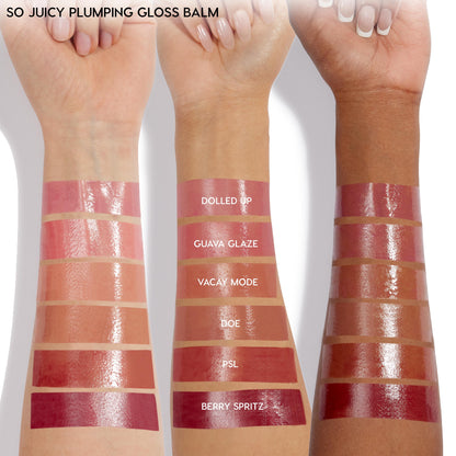 ColourPop So Juicy Plumping Gloss Balm with Peptides Lush Pout swatches displayed on three skin tones, showing glossy shades Dolled Up, Guava Glaze, Vacay Mode, Doe, PSL, and Berry Spritz applied in stripes on forearms under studio light.