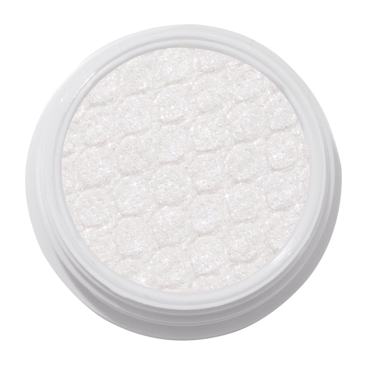 ColourPop Super Shock Shadow Tassel, a shimmering icy white cream-to-powder eyeshadow catching light across its quilt-textured pan inside a white round pot, shown in a crisp studio close-up on a white background.