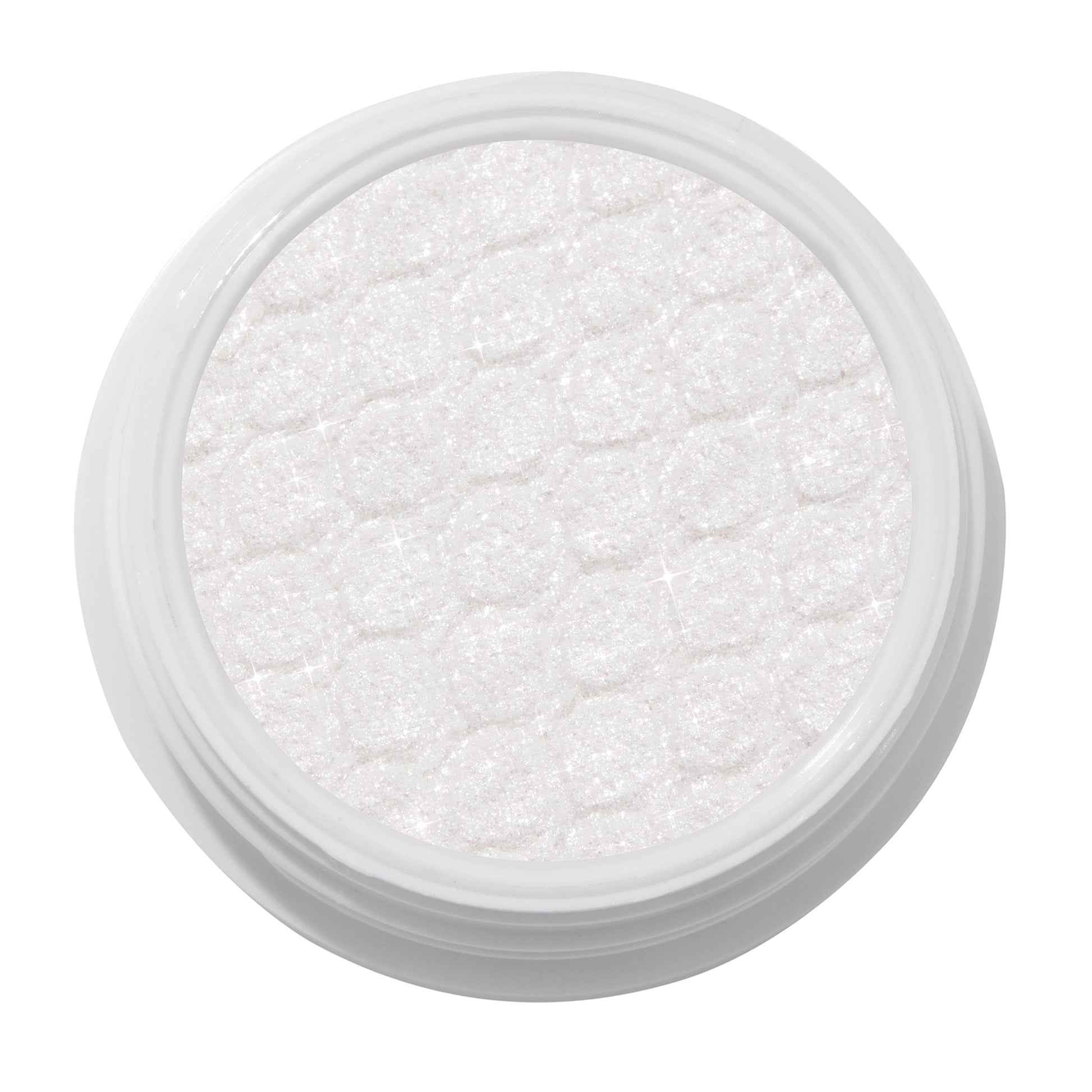 ColourPop Super Shock Shadow Tassel, a shimmering icy white cream-to-powder eyeshadow catching light across its quilt-textured pan inside a white round pot, shown in a crisp studio close-up on a white background.