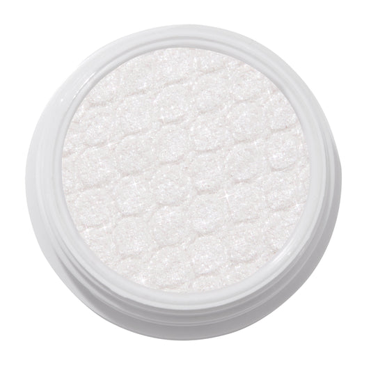 ColourPop Super Shock Shadow Tassel, a shimmering icy white cream-to-powder eyeshadow catching light across its quilt-textured pan inside a white round pot, shown in a crisp studio close-up on a white background.