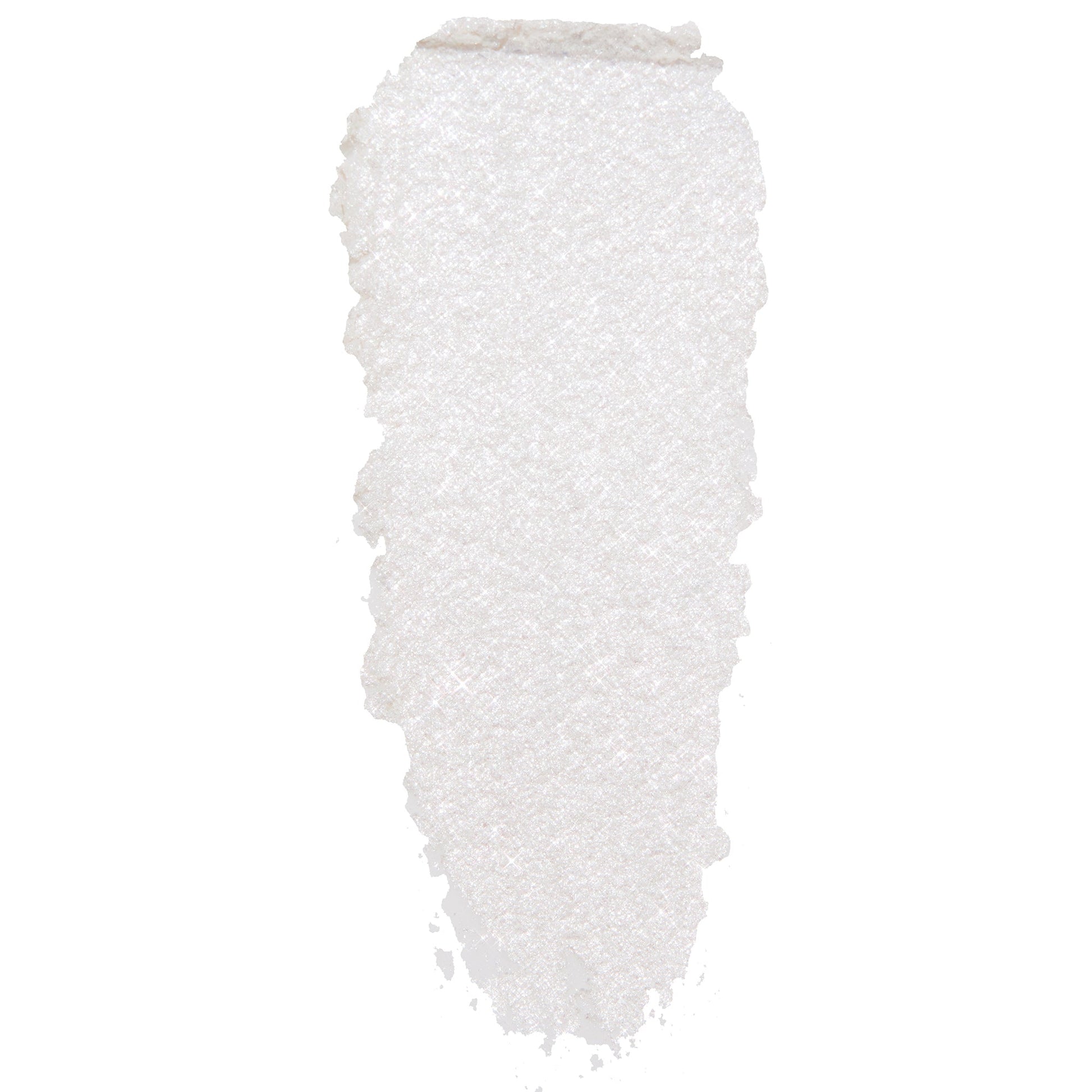 Tassel Super Shock Shadow by ColourPop - pearly white eyeshadow swatch shimmering with icy silver microglitter - smeared in a single swipe to show creamy texture and high-shine finish, on a clean white background.