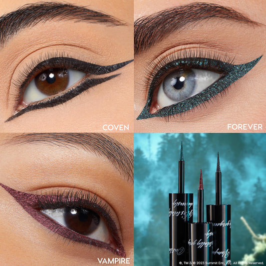 ColourPop Graphix Ink Liner I Know What You Are creates bold wings in close-ups: Coven black sparkle, Forever teal glitter, and Vampire plum metallic, with three fine‑tip pens displayed upright at right.