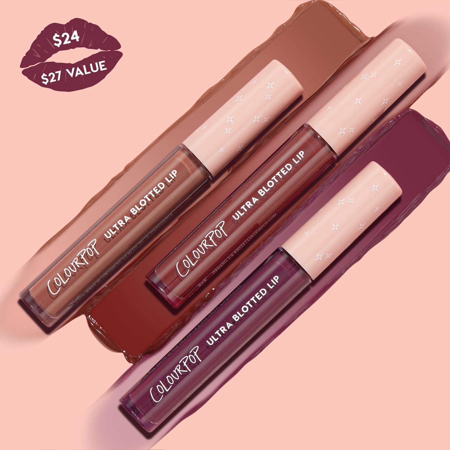 Three ColourPop Ultra Blotted Lip tubes in the Edgy Vibes set lying over matching swatches - nude, warm rose, and deep berry - pink star caps aligned right, plus a lip-shaped badge showing $24 ($27 value).