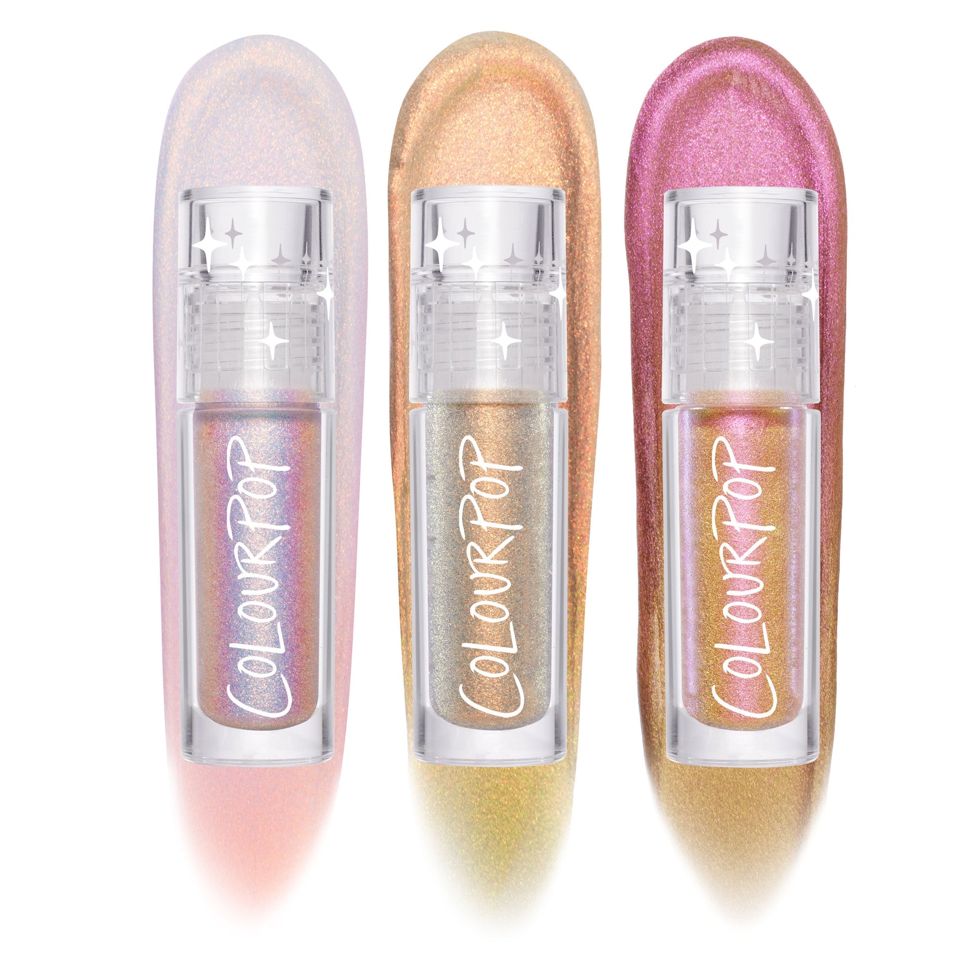 Three ColourPop Chrome Liquid Shadow tubes - Vibe Shift trio - standing over bold multichrome swatches: lilac-to-peach, silver-gold-to-green, and rose-to-bronze, with clear star-detailed caps and ColourPop logos on a white studio background.